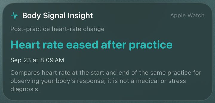 iKima Body Signal Insight card: heart rate eased after practice, with a note that it is not a medical or stress diagnosis